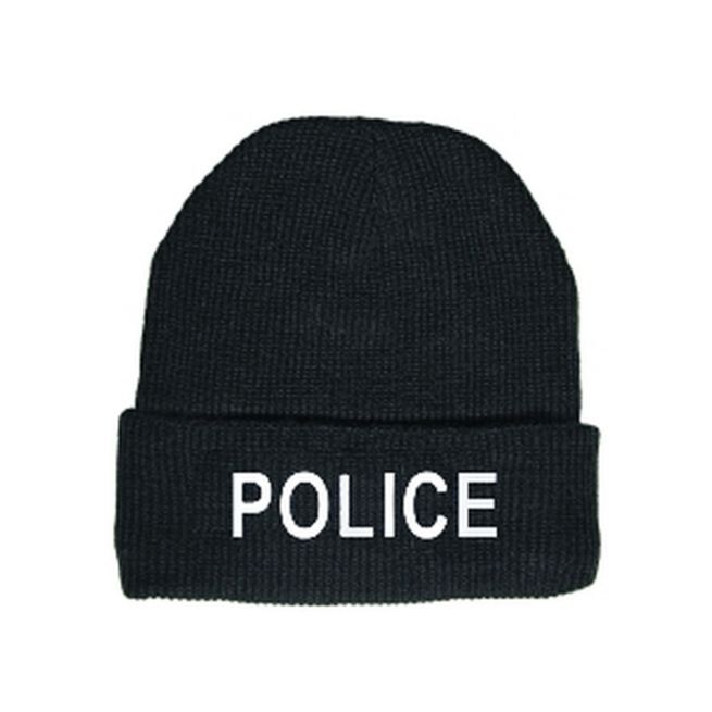 POLICE KNIT HAT - WHITE "POLICE" LETTERING ON BLACK KNIT HATS.